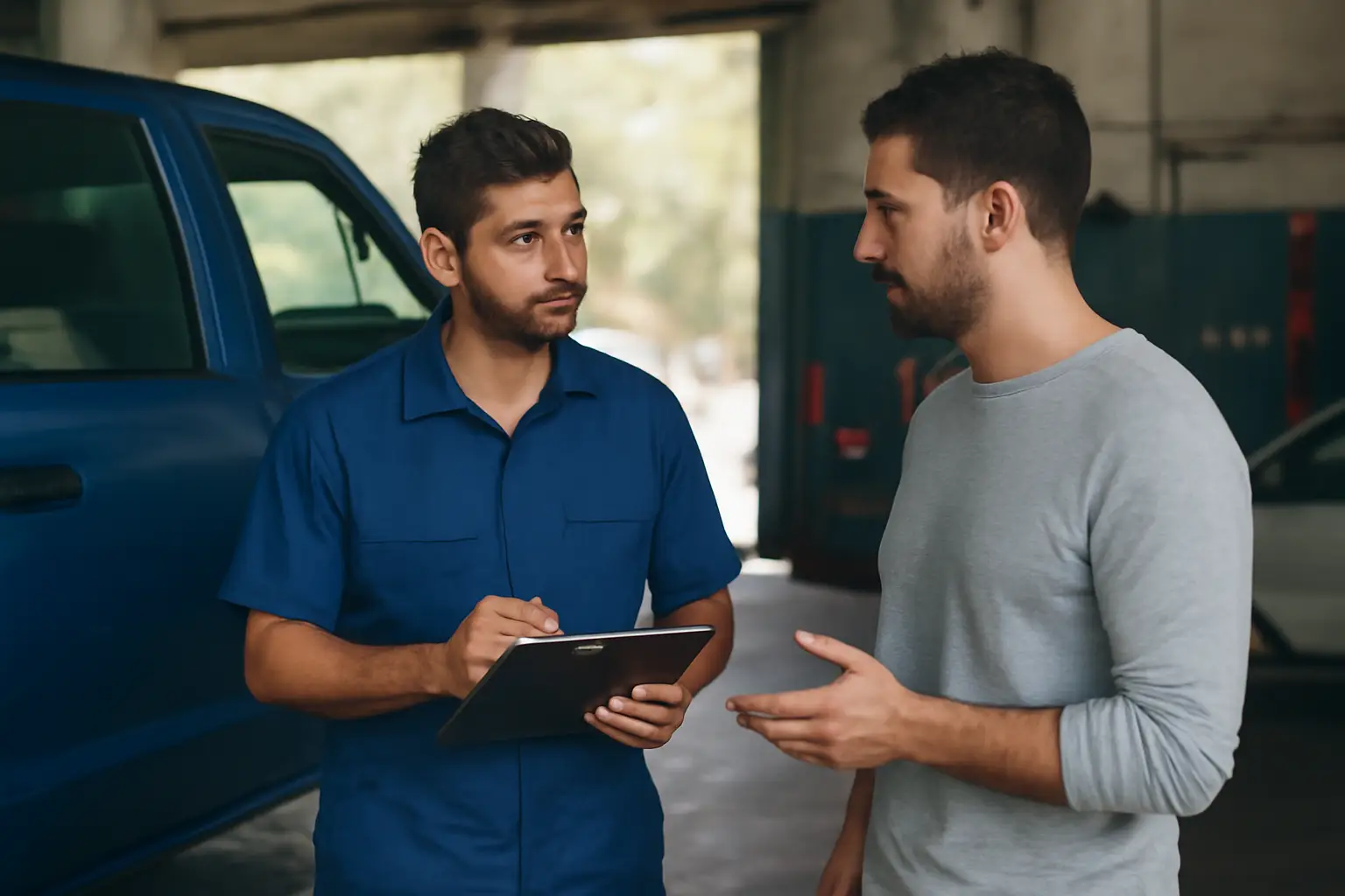 Mechanic in uniform consults with customer in garage setting beside a blue truck.