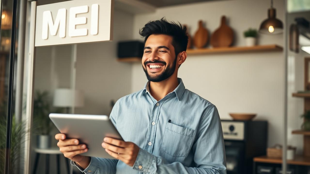 Um empreendedor brasileiro trabalhando em seu notebook com o certificado MEI ao lado, simbolizando a formalização do negócio.