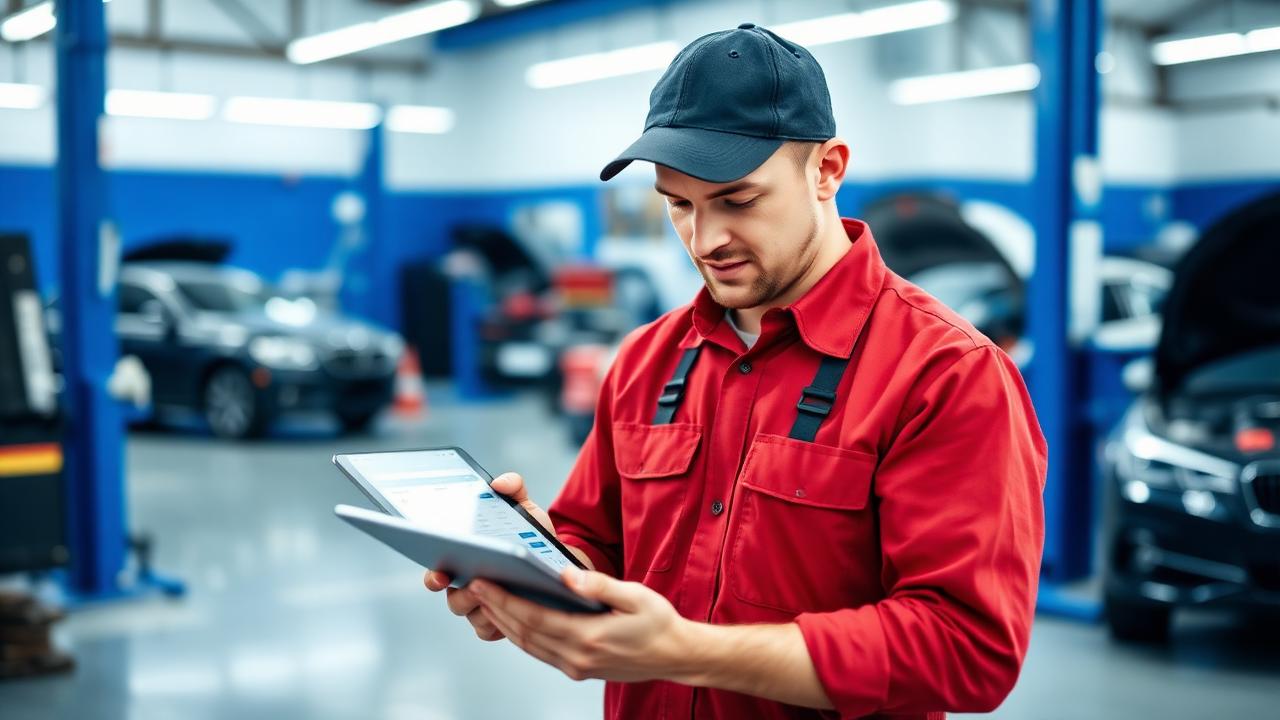 Técnico organizando peças e componentes em bancada de assistência técnica